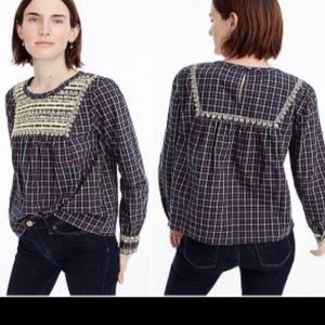 J. Crew Tartan Gold Appliqué Blouse